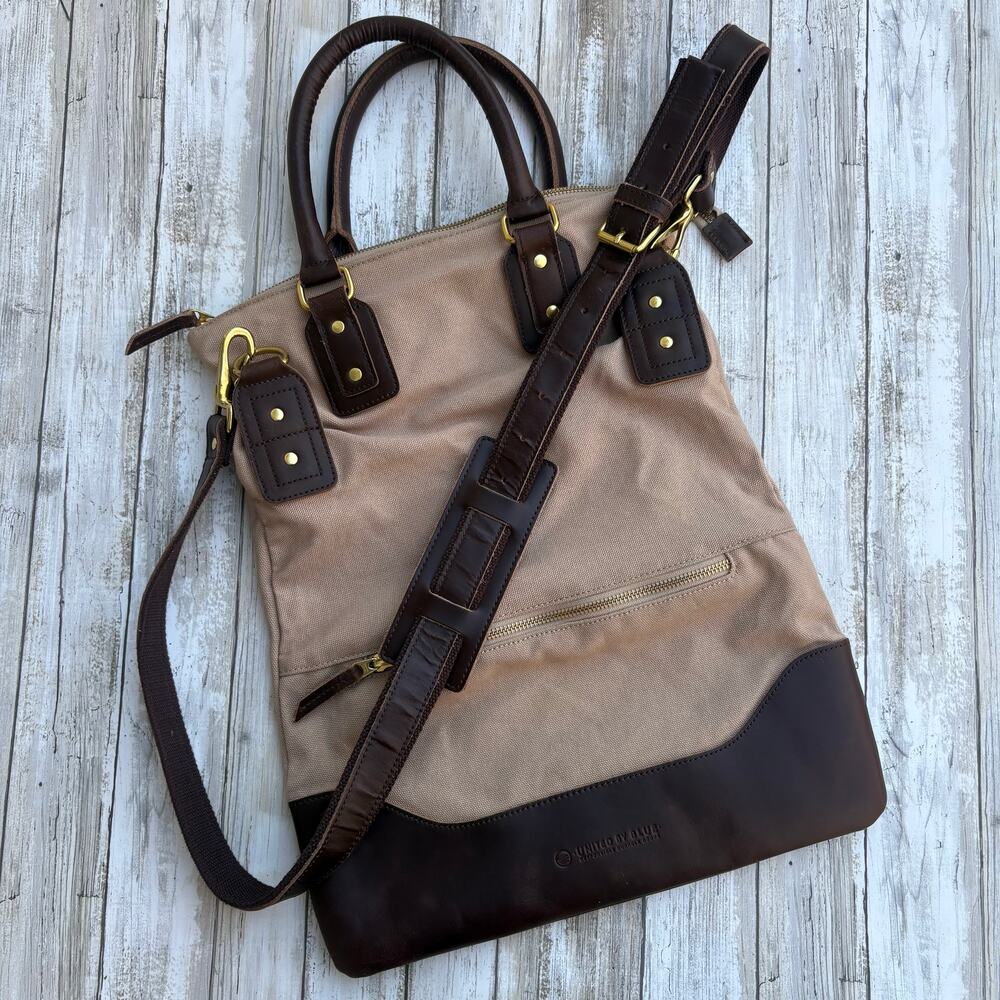 United by Blue Jasper Foldover Tote Bag Purse Brown Khaki Leather Canvas Utility
